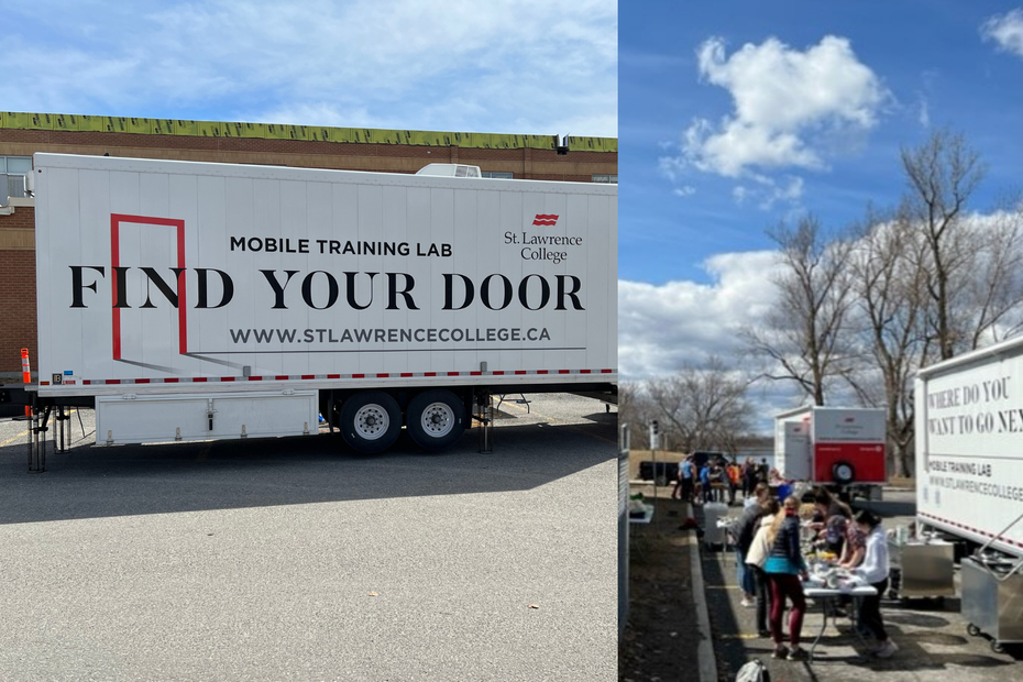 Pictured right: Students at Carleton Place High School enjoy Carpentry and Culinary workshops outside the mobile training labs.